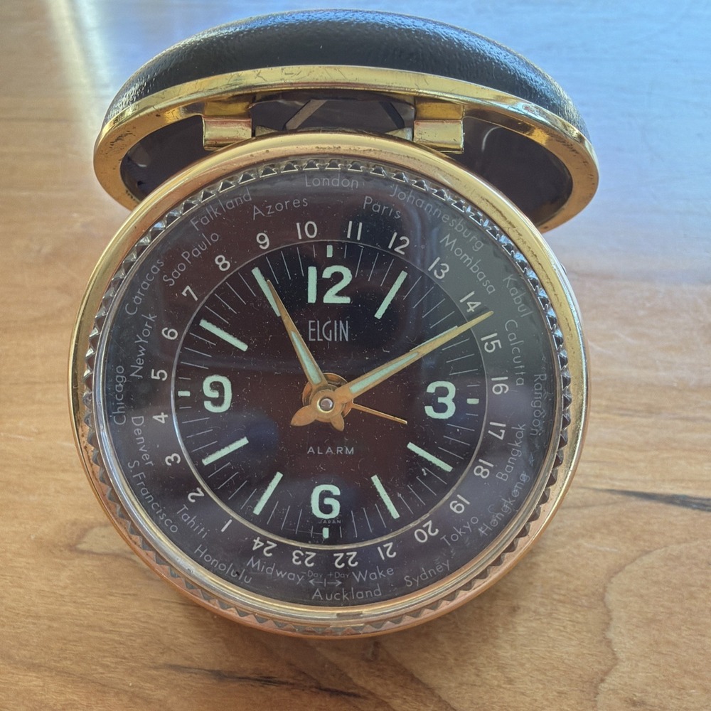 Elgin Travel Alarm Clock Luminous World Time Bradley Time Div Japan Runs